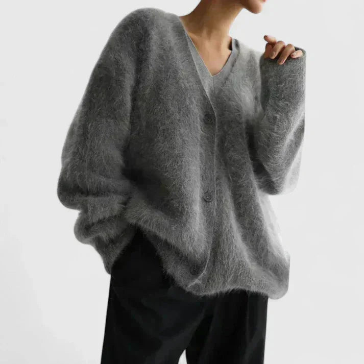 Women's knit button-front V-neck cardigan with fluffy texture – Dark Grey