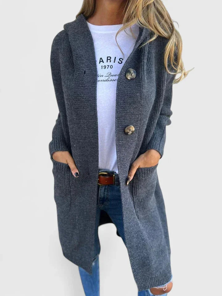 Women's longline button-front knit cardigan with pockets – Gray