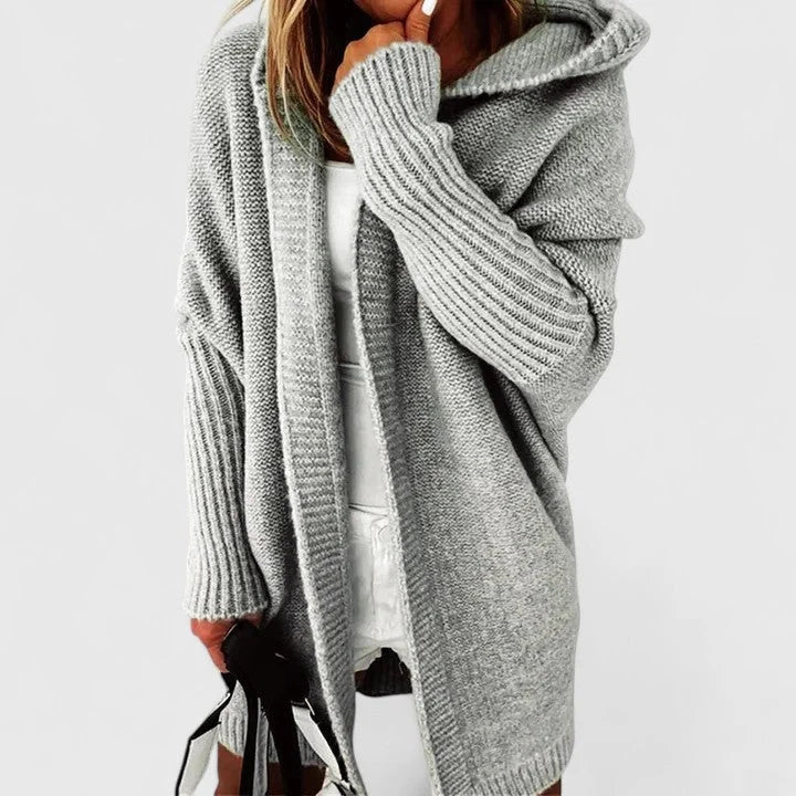 Women's oversized hooded knit cardigan with knee-length hem – Gray