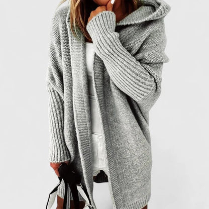 Women's oversized hooded knit cardigan with knee-length hem – Gray