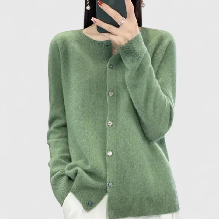 Women's knit button-front crew neck cardigan with ribbed cuffs and hem – Green