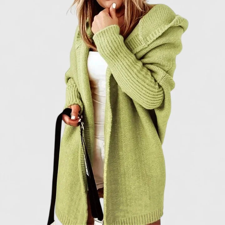 Women's oversized hooded knit cardigan with knee-length hem – Green