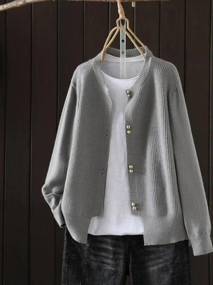 Women's knit button-front crew neck cardigan with ribbed texture – Grey