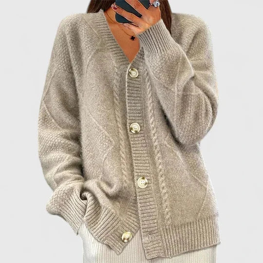 Women's knit button-front V-neck cardigan with ribbed cuffs – Khaki
