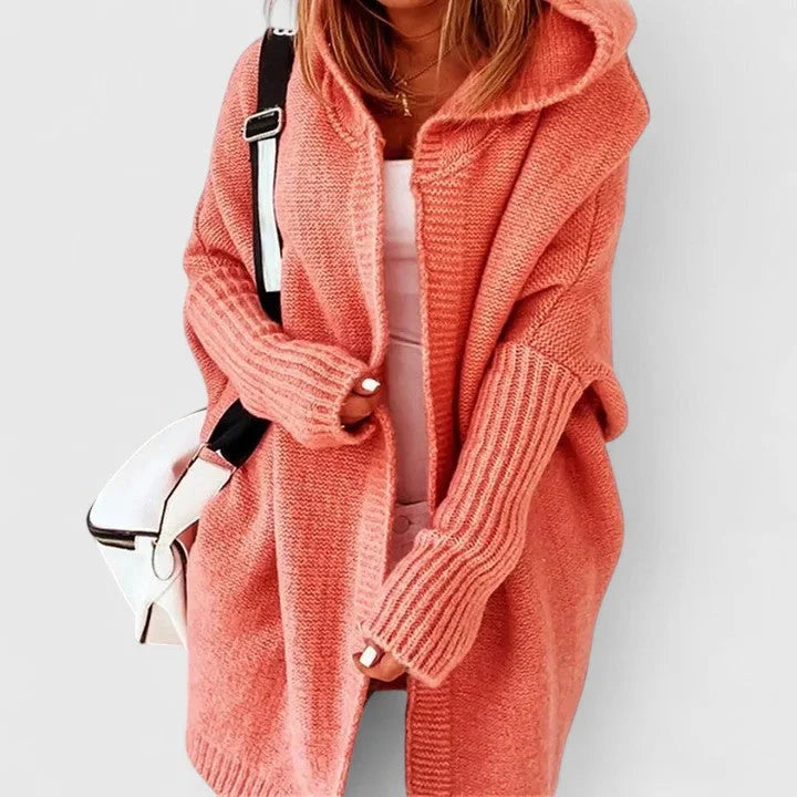 Women's oversized hooded knit cardigan with knee-length hem – Orange
