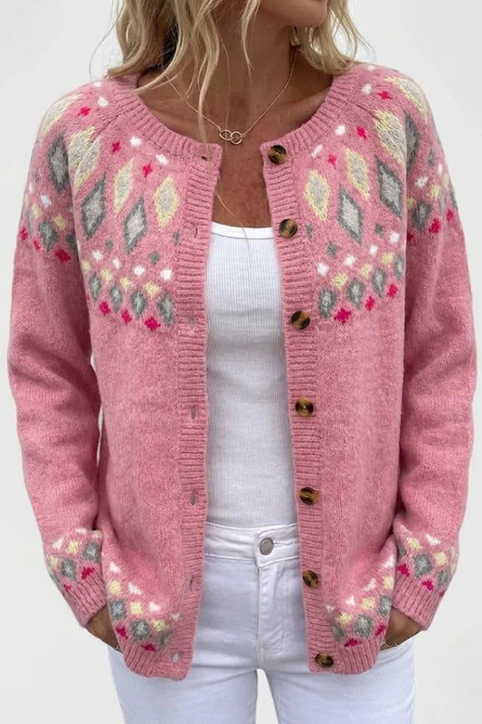 Women's fair isle knit button-front cardigan with pattern – Pink