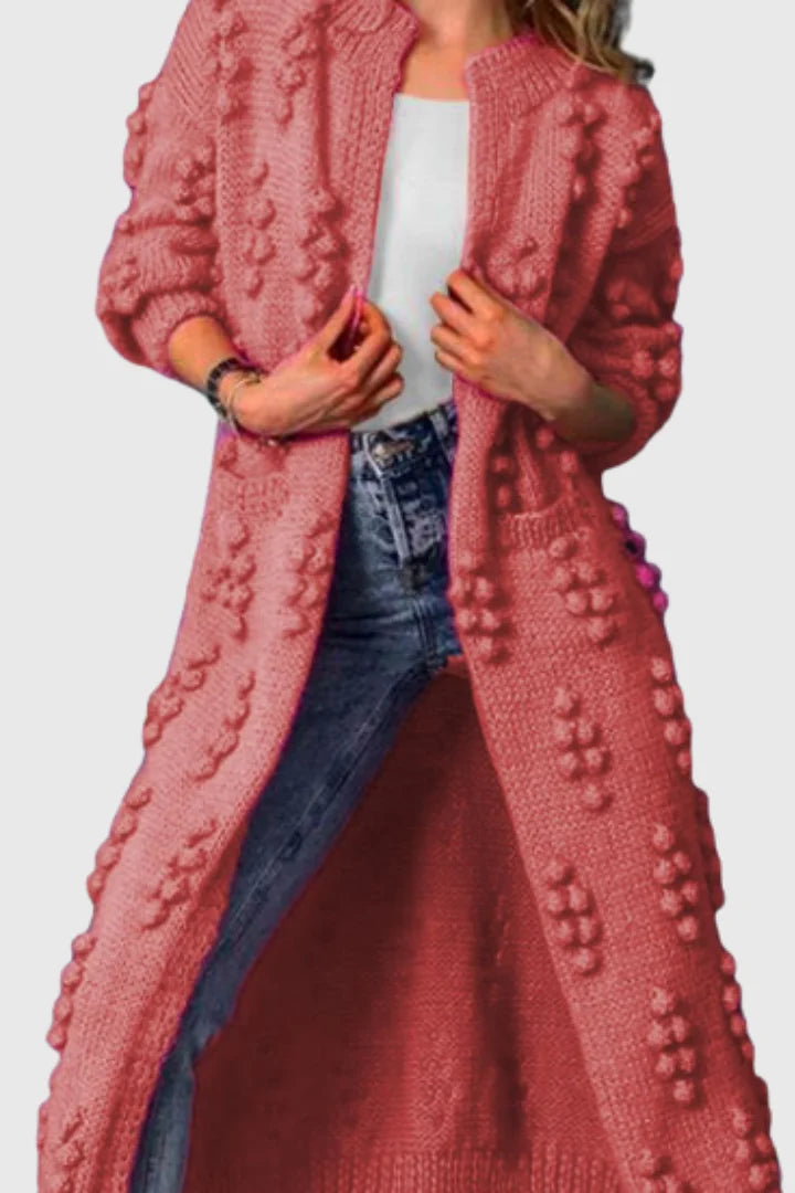 Women's knit open-front collared cardigan with bobble texture – Pink