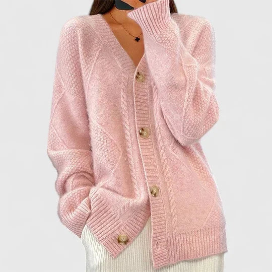 Women's knit button-front V-neck cardigan with ribbed cuffs – Pink