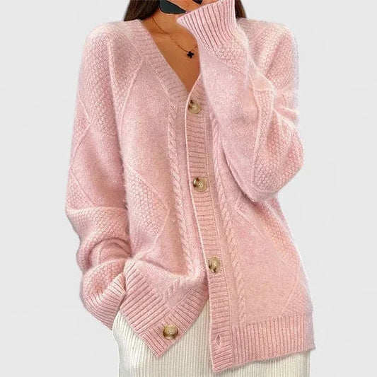 Women's knit button-front V-neck cardigan with ribbed cuffs – Pink