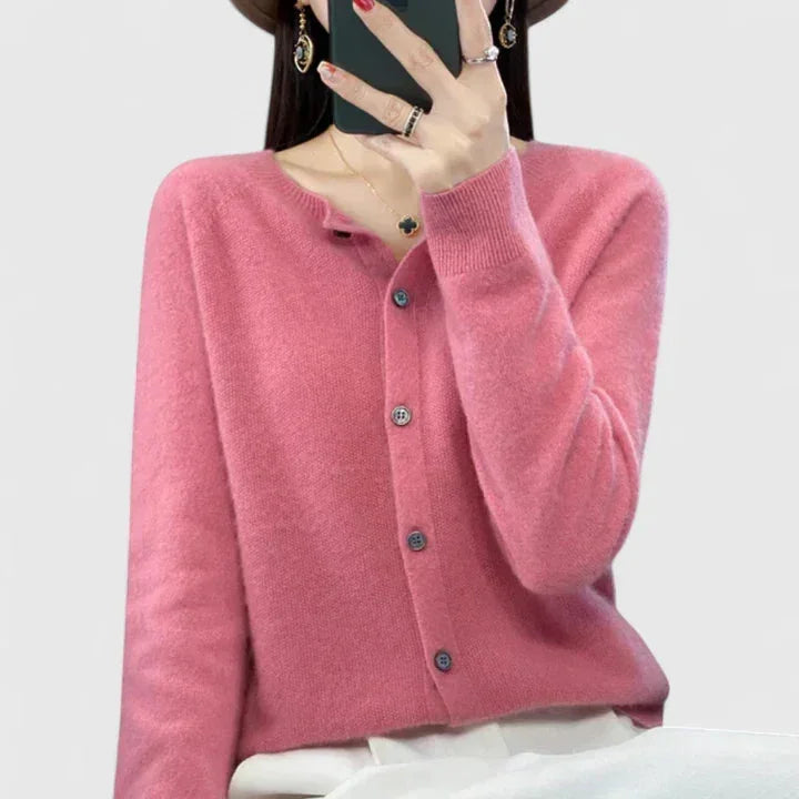 Women's knit button-front crew neck cardigan with ribbed cuffs and hem – Pink