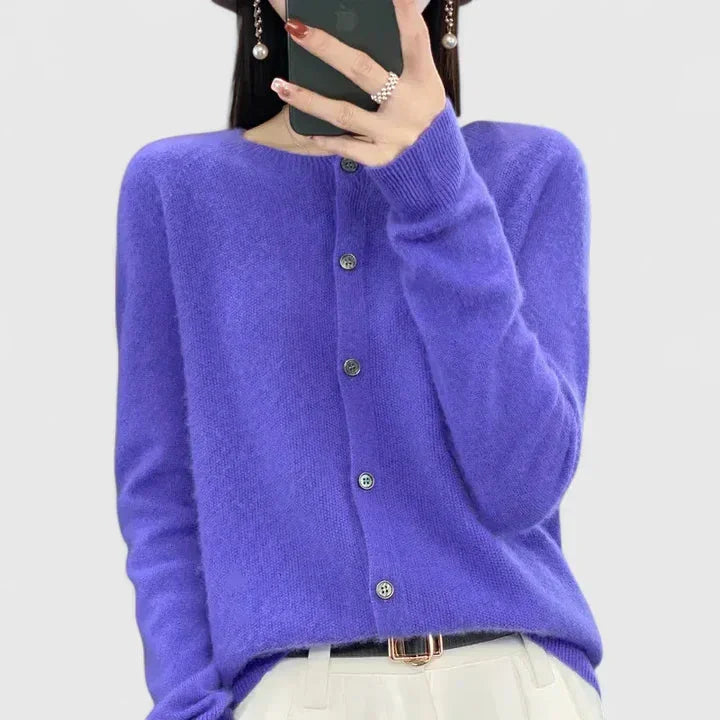 Women's knit button-front crew neck cardigan with ribbed cuffs and hem – Purple