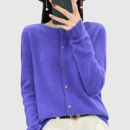 Women's knit button-front crew neck cardigan with ribbed cuffs and hem – Purple