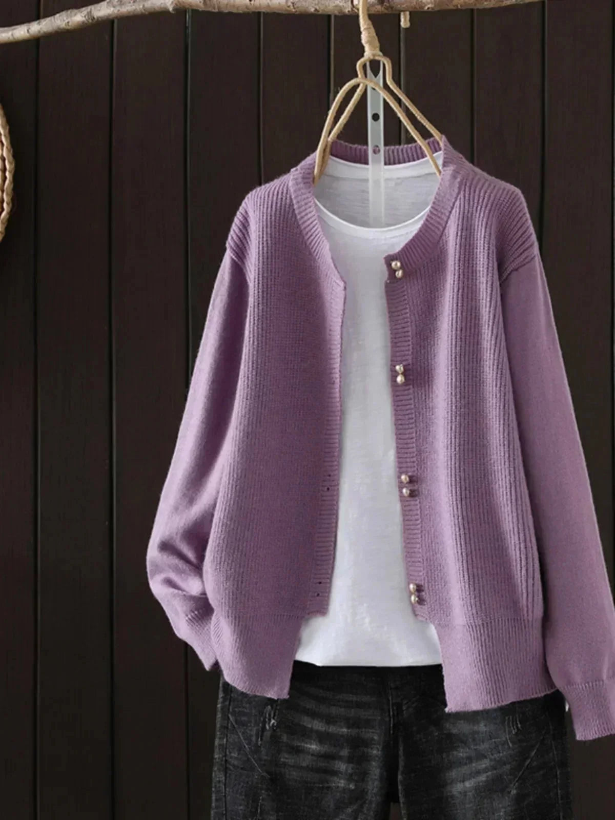 Women's knit button-front crew neck cardigan with ribbed texture – Purple