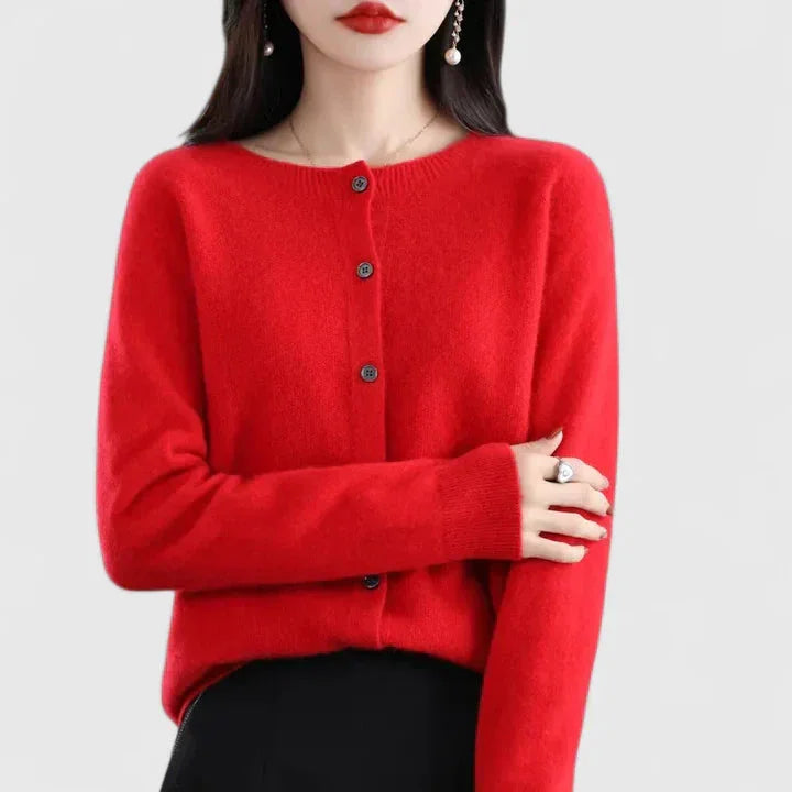 Women's knit button-front crew neck cardigan with ribbed cuffs and hem – Red