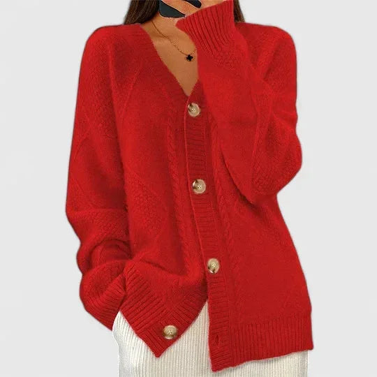 Women's knit button-front V-neck cardigan with ribbed cuffs – Red
