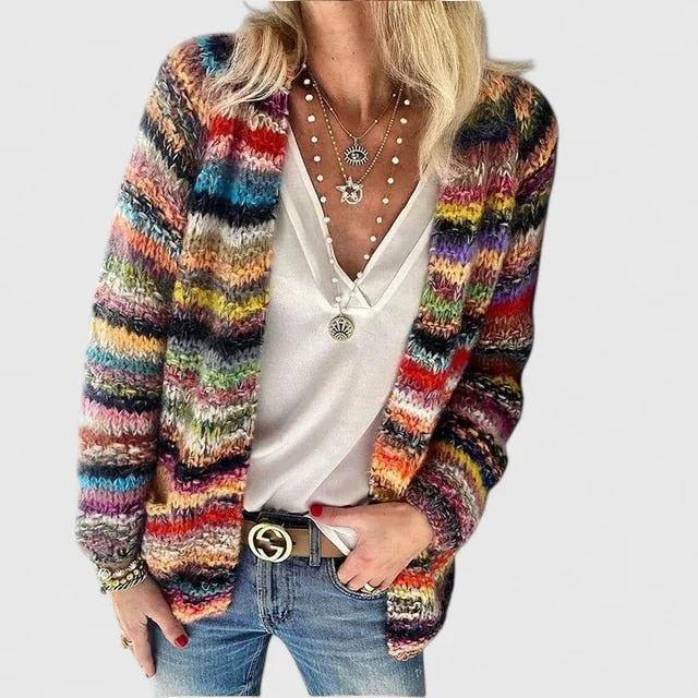 Women's open-front knit cardigan with colorblock design – Red