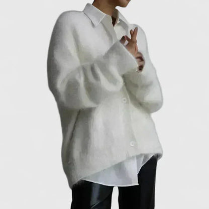 Women's knit button-front V-neck cardigan with fluffy texture – White