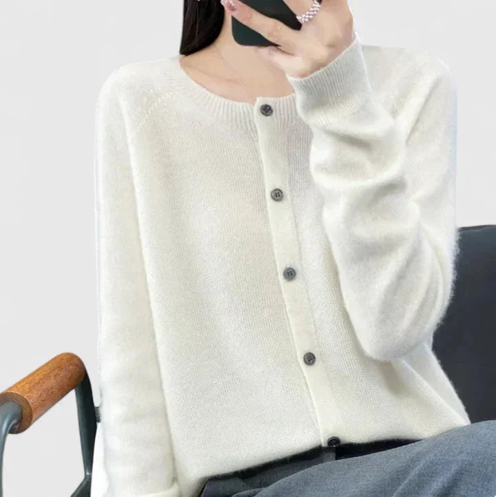 Women's knit button-front crew neck cardigan with ribbed cuffs and hem – White