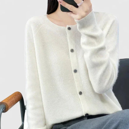 Women's knit button-front crew neck cardigan with ribbed cuffs and hem – White
