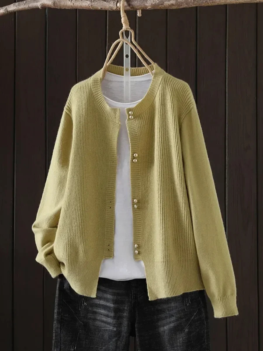 Women's knit button-front crew neck cardigan with ribbed texture – Yellow