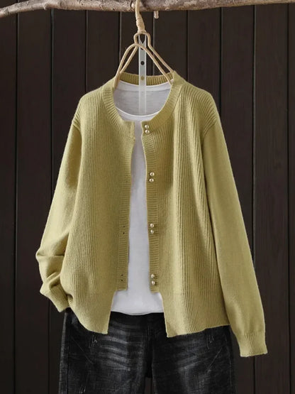 Women's knit button-front crew neck cardigan with ribbed texture – Yellow