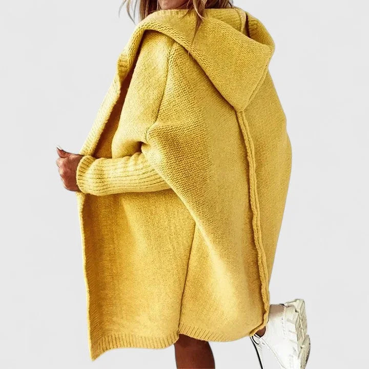 Women's oversized hooded knit cardigan with knee-length hem – Yellow