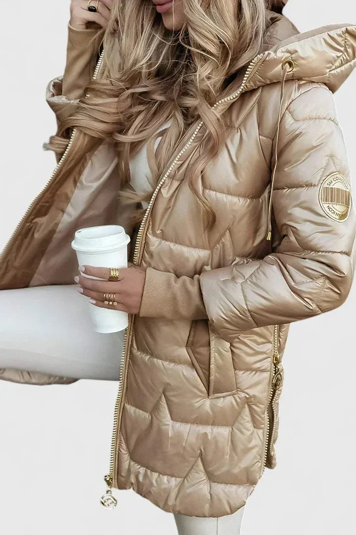Women's quilted zip-up hood puffer coat with star