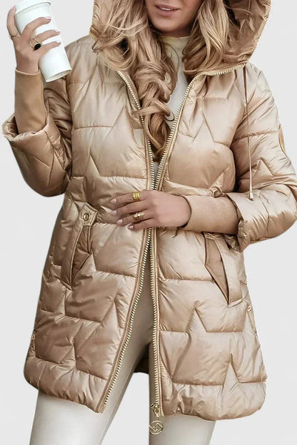 Women's quilted zip-up hood puffer coat with star