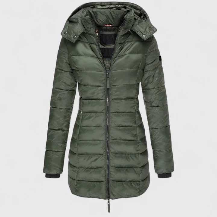 Women's quilted zip-up hood puffer coat with ribbed cuffs
