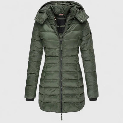 Women's quilted zip-up hood puffer coat with ribbed cuffs