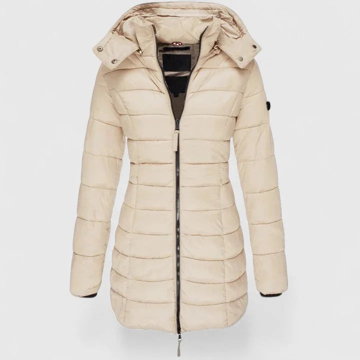 Women's quilted zip-up hood puffer coat with ribbed cuffs