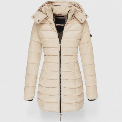 Women's quilted zip-up hood puffer coat with ribbed cuffs