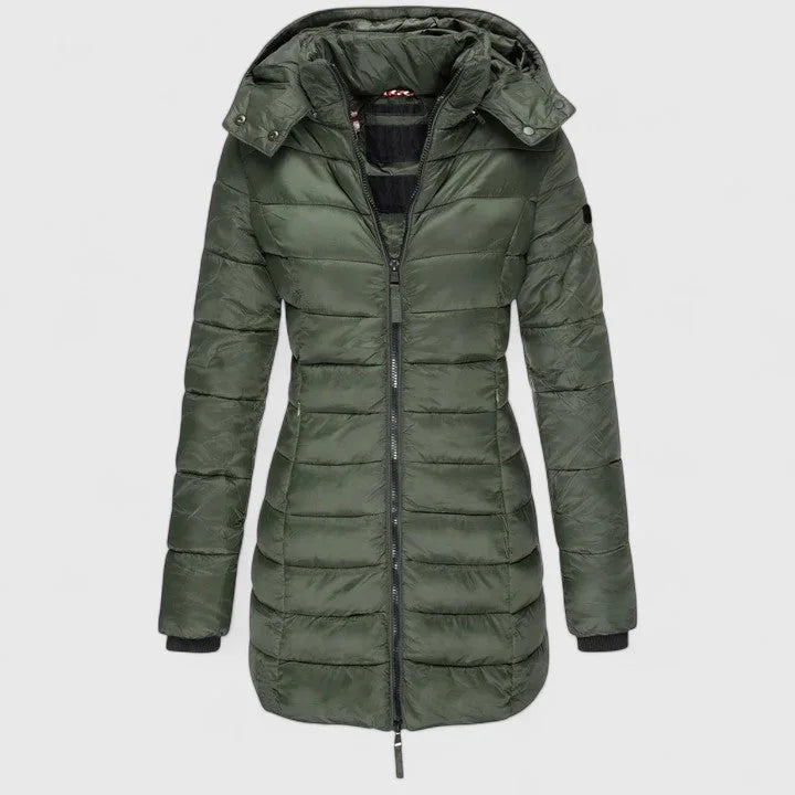 Women's quilted zip-up hood puffer coat with ribbed cuffs – Army Green