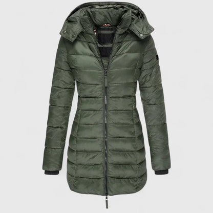 Women's quilted zip-up hood puffer coat with ribbed cuffs – Army Green