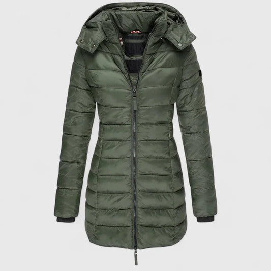 Women's quilted zip-up hood puffer coat with ribbed cuffs – Army Green