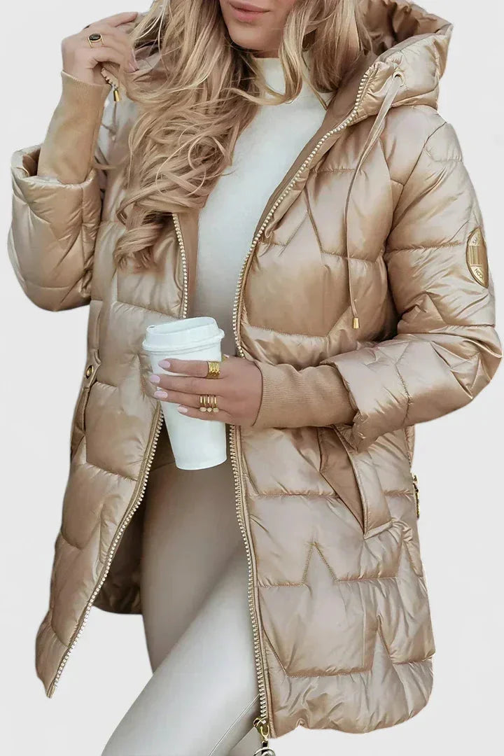 Women's quilted zip-up hood puffer coat with star – Beige