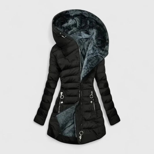 Women's quilted zip-up hood puffer coat with faux fur lining – Black