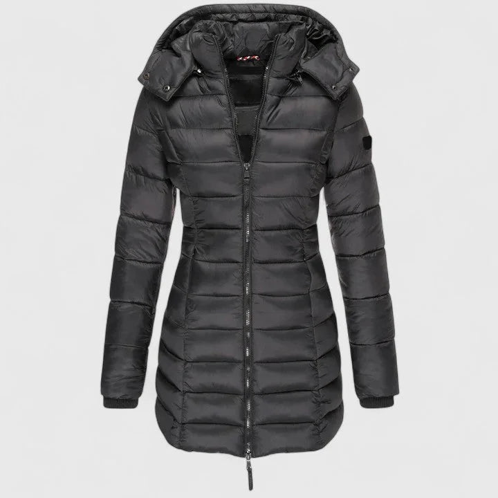 Women's quilted zip-up hood puffer coat with ribbed cuffs – Black