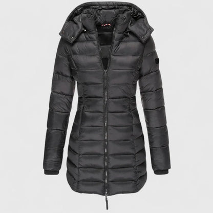 Women's quilted zip-up hood puffer coat with ribbed cuffs – Black