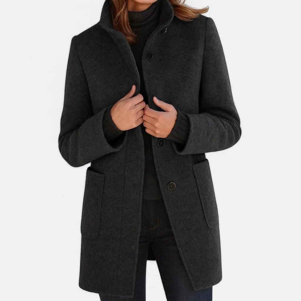 Women's button-front stand collar wool coat with patch pockets – Black