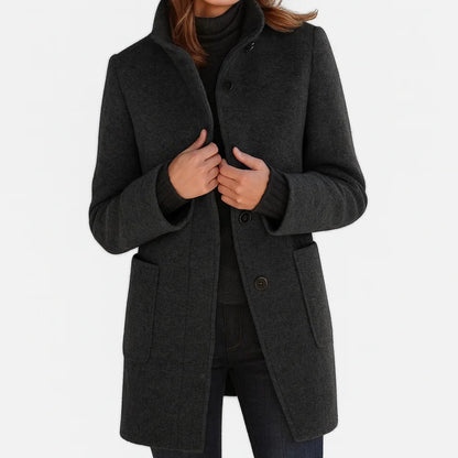 Women's button-front stand collar wool coat with patch pockets – Black