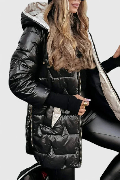 Women's quilted zip-up hood puffer coat with star – Black