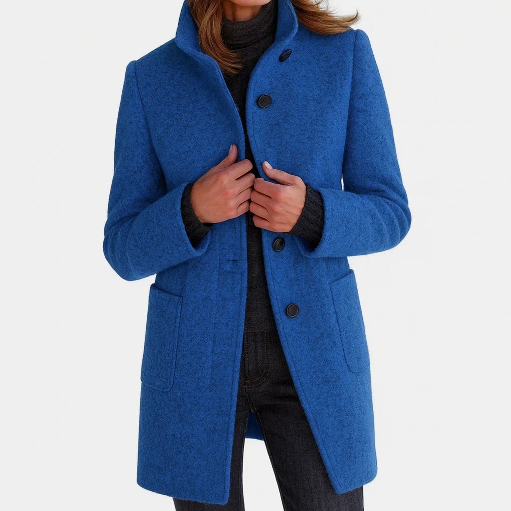 Women's button-front stand collar wool coat with patch pockets – Blue