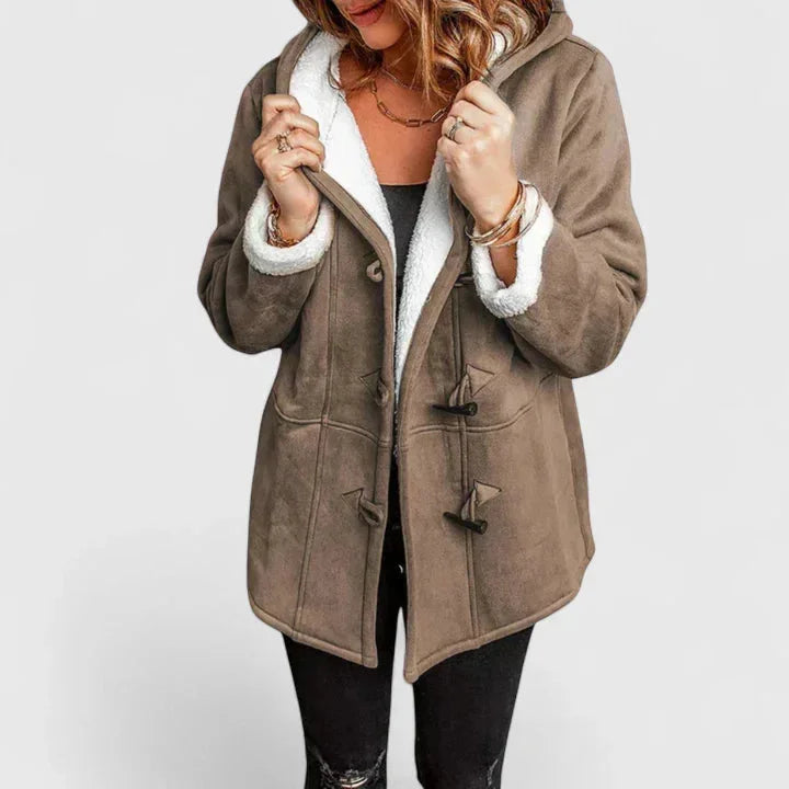 Women's suede toggle hood sherpa lined jacket with front – Brown