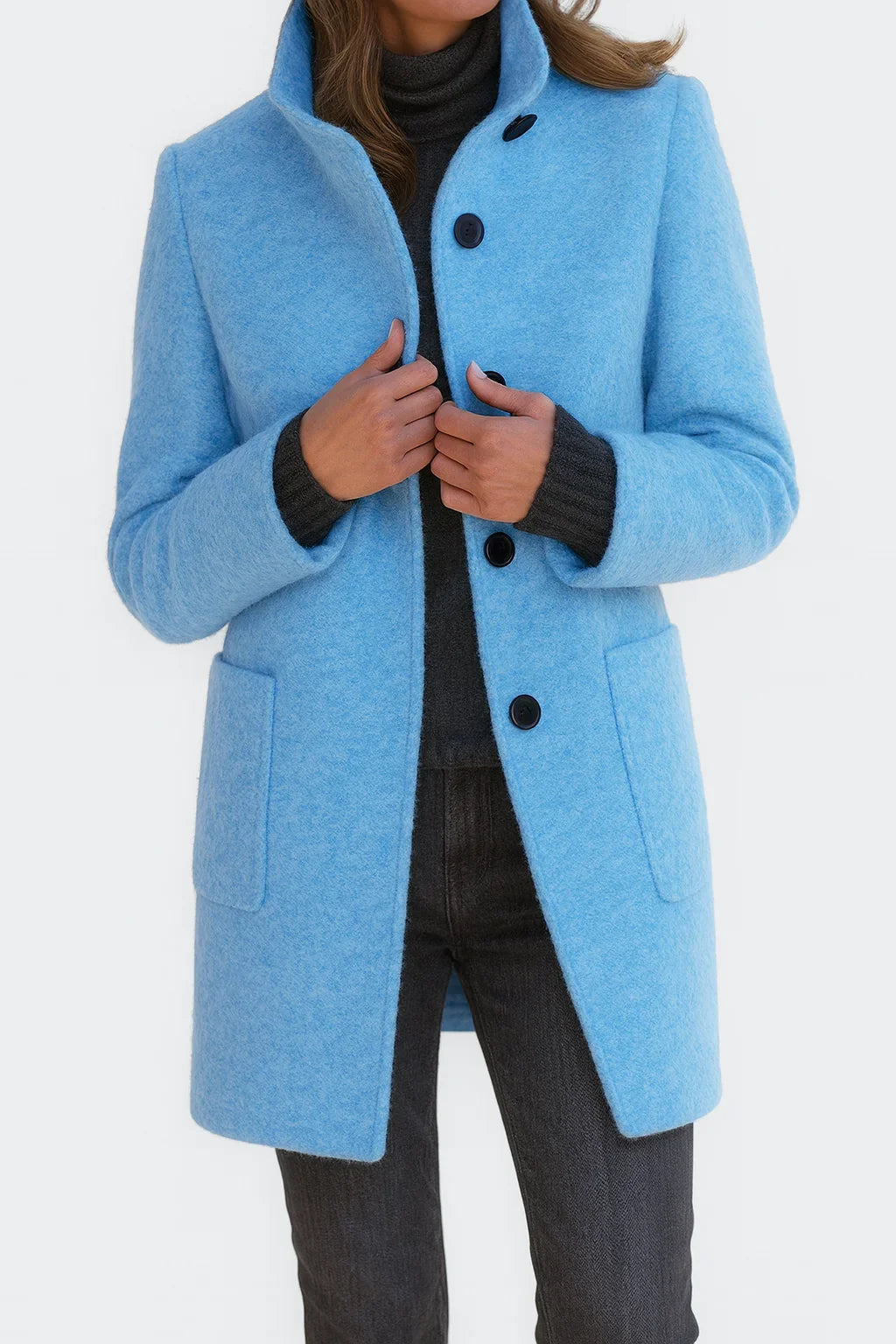 Women's button-front stand collar wool coat with patch pockets – Cream