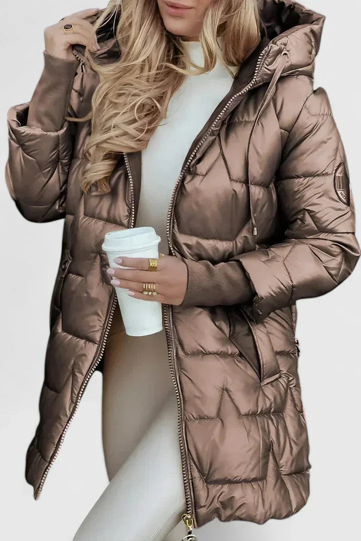 Women's quilted zip-up hood puffer coat with star – Dark Brown