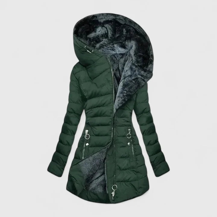 Women's quilted zip-up hood puffer coat with faux fur lining – Dark Green