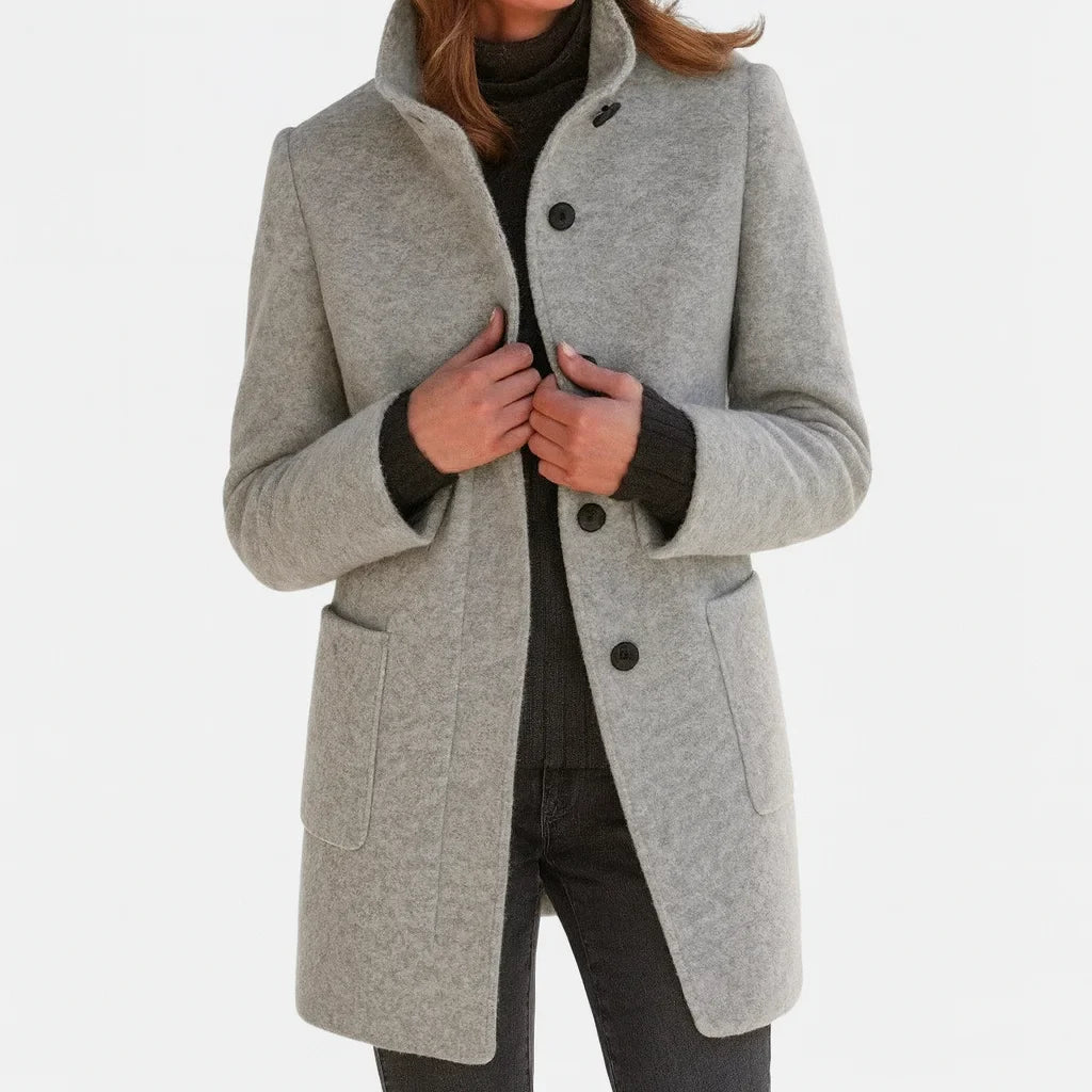 Women's button-front stand collar wool coat with patch pockets – Grey