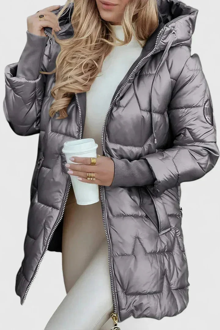 Women's quilted zip-up hood puffer coat with star – Grey