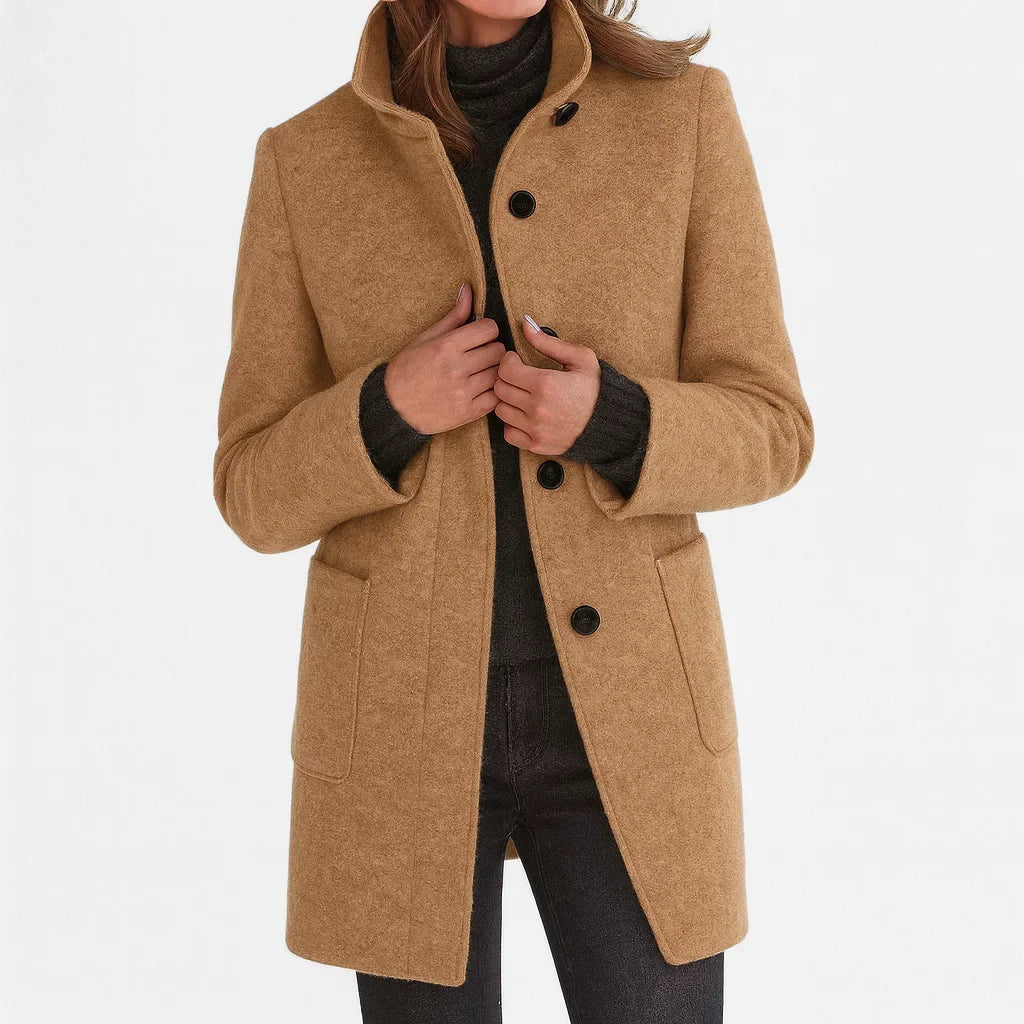 Women's button-front stand collar wool coat with patch pockets – Khaki